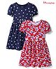 Honeyhap Premium Cotton Knit Half Puffed Sleeves Floral & Hearts Printed Bio Finish Frocks with Bow Applique Pack of 2 - Navy Peony & High Risk Red