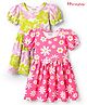 Honeyhap Premium Cotton Knit Half Puffed Sleeves Floral & Hearts Printed Bio Finish Frocks with Bow Applique Pack of 2 - Bright White & Carmine Rose