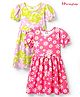 Honeyhap Premium Cotton Knit Half Puffed Sleeves Floral & Hearts Printed Bio Finish Frocks with Bow Applique Pack of 2 - Bright White & Carmine Rose
