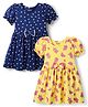 Honeyhap Premium Cotton Knit Half Puffed Sleeves Floral & Hearts Printed Bio Finish Frocks with Bow Applique Pack of 2 - Lemon Zest & Navy Peony