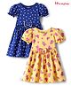 Honeyhap Premium Cotton Knit Half Puffed Sleeves Floral & Hearts Printed Bio Finish Frocks with Bow Applique Pack of 2 - Lemon Zest & Blue
