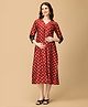 The Mom Store Cotton Three Fourth Sleeves Floral Foil Printed Maternity Dress - Maroon