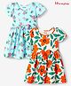 Honeyhap Premium Cotton Knit Half Sleeves Floral Printed Dresses With Bow Applique Pack of 2 - Bright White & Water Ballet