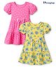 Honeyhap Premium Cotton Knit Half Puffed Sleeves Floral & Polka Dots Printed Frocks with Bio Wash & Bow Applique Pack of 2 - Lemon Zest & Carmine Rose