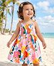 Babyhug Cotton Woven Sleeveless Anti Bacterial Floral Printed Frock with Smocked & Bow Detailing - White Blue & Orange