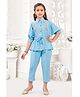 Lei-Chie Linen Three Fourth Sleeves Floral Embroidered Shirt Style Top With Pant & Belt Set - Blue