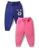 Doodle poodle Single Jersey Knit Full Length Printed Lounge Pants With Floral & Animal Print with Bow Applique Pack of 2 - Pink & Navy Blue