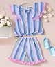 Bella Moda Cotton Sleeveless Striped & Frill Detailed Coordinating Top & Shorts Set - Blue
