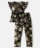 Primo Gino Woven Half Frill Sleeves Foil Golden Floral Printed Co-ord Top & Trouser Set - Black