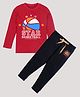 Etched Design 100% Cotton Full Sleeves Star Basketball Text Printed Tee With Joggers Set - Red & Navy Blue