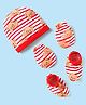 Babyhug 100% Cotton Interlock Knit Cap Mittens & Booties Set With Stripes & Animal Print Red - Diameter 14 cm