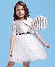 Hola Bonita Woven Half Puffed Sleeves Foil Printed Mesh Party Dress with Sequin Yoke & Bow Applique - Offwhite