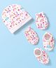 Babyhug 100% Cotton Knit Cap Mittens & Booties With Animal & Floral Print White - Diameter 10cm