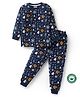 BLUSHES 100% Cotton Knit Full Sleeves Trees & Snowflakes Printed Coordinating Night Suit Set - Navy Blue