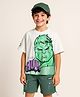 Pine Kids Marvel Single Jersey Knit Half Sleeves Oversize Drop Shoulder T-Shirt & Shorts Set With Avengers Hulk Graphics - White & Olive Green