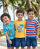 Babyhug Cotton Knit Half Sleeves Striped & Teddy Bear Printed Oversized T-Shirts Pack of 3 - Yellow Blue & Red