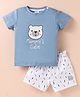 Ollypop Interlock Knit Half Sleeves T-Shirt & Shorts Set with Bear Print - Light Blue & White