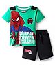 Babyhug Marvel Single Jersey Knit Half Sleeves T-Shirt & Shorts Set with Spider Man Graphics & Badge Detailing - Green & Black