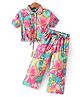 CrayonFlakes Rayon Half Sleeves Floral Printed Crop Shirt Style Top & Coordinating Belted Palazzo Set - Green