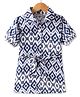 CrayonFlakes Rayon Half Sleeves Ikat Printed Shirt Style Belted Dress - Off White