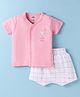 Zero Interlock Knit Half Sleeves Shorts Night Suit with Bear Print & Checks - Peach & White