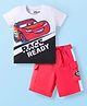 Babyhug Disney Single Jersey Knit Half Sleeves T-Shirt & Short Set With Car Graphics - White & Red