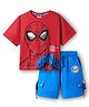 Pine Kids Marvel Single Jersey Knit Half Drop Shoulder Sleeves Oversized T-Shirt & Shorts Set With Spider-Man Graphics Badge & Buckle Detailing - Red & Blue
