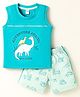 Tango Single Jersey Knit Sleeveless Tank T-Shirt & Shorts Set with Dino Print & Tape Detailing - Turquoise