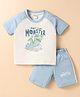 Tango Single Jersey Knit Half Raglan Sleeves T-Shirt & Shorts Set with Dino Print & Tape Detailing - White & Light Blue