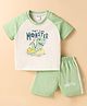 Tango Single Jersey Knit Half Raglan Sleeves T-Shirt & Shorts Set with Dino Print & Tape Detailing - White & Light Green