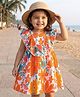 Babyhug Cotton Woven Frill Sleeves Frock with Floral Print & Ruffle - Orange