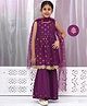 Little Bansi 100% Cotton Sleeveless Floral Embroidery Frock Style Kurta With Coordinating Sharara & Dupatta Set - Purple
