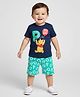 Babyhug Disney Single Jersey Knit Half Sleeves Shorts Night Suit with Winnie the Pooh Graphics - Navy Blue & Sea Green