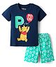 Babyhug Disney Single Jersey Knit Half Sleeves Shorts Night Suit with Winnie the Pooh Graphics - Navy Blue & Sea Green