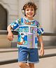 Ollington St. Cotton Half Drop Shoulder Sleeves Beach Theme Printed T-Shirt & Stretchable Denim Shorts - White & Indigo