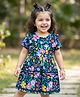 Babyhug Cotton Woven Half Sleeves Frock With Floral Print & Lace Detailing - Navy Blue