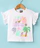 Little Kangaroos Cotton Knit Frill Sleeves Tops With Shell Patch & Tropical Theme Print - White
