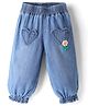 Little Kangaroos Denim Full Length Jeans with Heart Shaped Pocket with Floral Embroidery - Blue