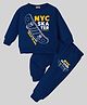 KUCHIPOO Fleece Full Sleeves NYC Skater Text Patch Embroidered Coordinating Sweatshirt & Joggers Set - Blue