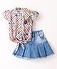 Enfance Synthetics Half Sleeves Floral Printed & Applique Shirt Style Top With Pleated Denim Skirt - Peach