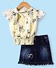 Enfance Synthetics Half Sleeves Floral Printed Top With Embroidered Denim Skirt - Lemon