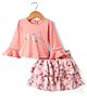 Enfance Full Bell Sleeves Paisley Text Printed Floral Applique Top With Layered Skirt - Peach
