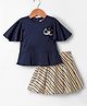 Enfance Embosis Hosiery Half Flared Sleeves Floral Applique Top With Striped Skirt - Navy Blue