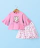 Enfance Full Bell Sleeves Unicorn Printed Peplum Top With Bow Applique Hearts Printed Skirt  - Pink