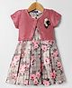 Enfance Floral Printed & Checked Pleated Dress With Half Sleeves Shrug - Peach