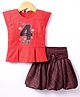 Enfance Embosis Hosiery Cap Sleeves Floral Printed Peplum Top With Checked Skirt - Red
