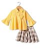 Enfance Full Bell Sleeves Floral Applique Shirt Style Top With Checked Skirt - Yellow
