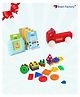 Brain Factory Educational Combo: Geometric Shapes Sorting Toy, Double-Sided Talking Flash Cards, and Wooden Fire Engine Pull-Along Toy  Fun Learning for Kids 1 Year and Above