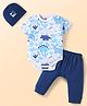 Doodle Poodle Interlock Knit Half Sleeves Onesie & Diaper Leggings with Cap & Dino Print - White Navy & Light Blue