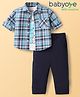 Babyoye Eco Conscious 100% Cotton Woven Full Sleeves Checkered Shirt & Trouser Set with Inner Tee - Light Blue